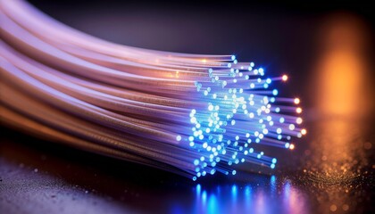 Close up of Blue Light Emitting Fiber Optic Cables on Dark Surface