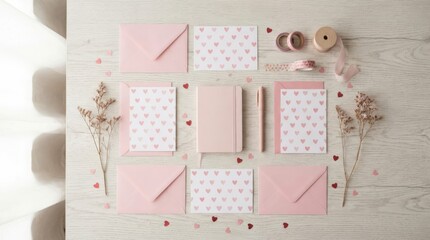 Table with pink and white hearts and pink envelopes on top of.