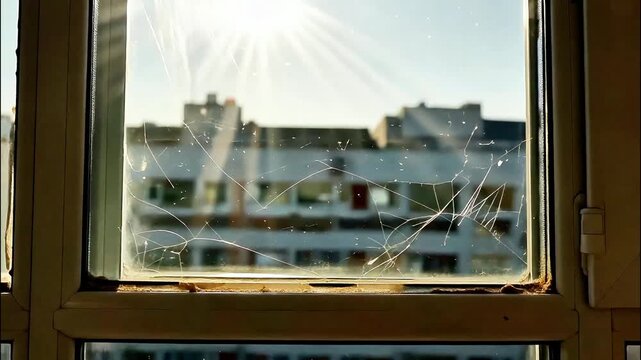 Sunlight streams through a grimy window, offering a view of a building in the distance. The window's imperfections add a touch of character to the scene