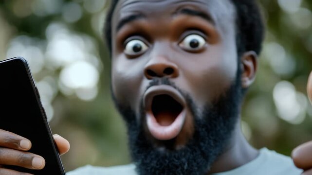 A man with a beard has an open mouth and wide eyes as he looks at his cell phone. The captures the moment of surprise on his face.