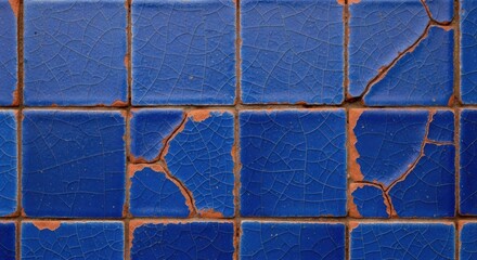 Close-up of damaged blue wall tiles with peeling surface and exposed orange grout