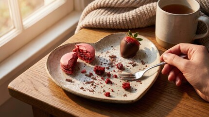 Person holding spoon over plate of food on table next to cup.