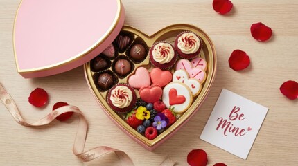 Heart shaped box filled with chocolates and note with the word be.