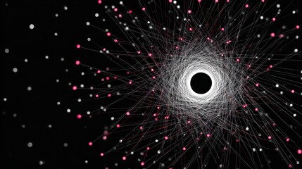 Secure verification pulses traveling circular routes with glowing pink and white dots connected by fine lines on black background, creating dynamic and intricate network pattern