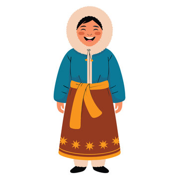 Polar girl character cheerful cartoon vector illustration in traditional eskimos clothing suitable for winter educational storybooks festive or playful designs
