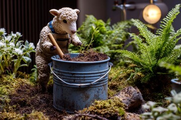Sheep figurine gardening with small shovel in blue metal bucket filled with soil and young plant, surrounded by green plants and moss under warm light