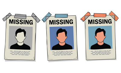 Posters showing the word MISSING with varied color illustrations of a person ideal for awareness campaigns mystery themes and creative poster layout concepts