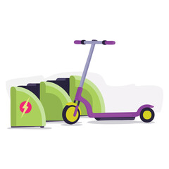 Public scooter charging station vector illustration as eco friendly transport perfect for urban mobility green technology and sustainable transport themes © Nass Studio