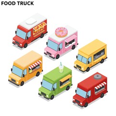 Isometric food trucks with various food items