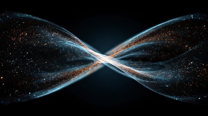 Sustainable data flow looping symmetrically with glowing particles and light trails creates dynamic and futuristic digital energy wave in dark space