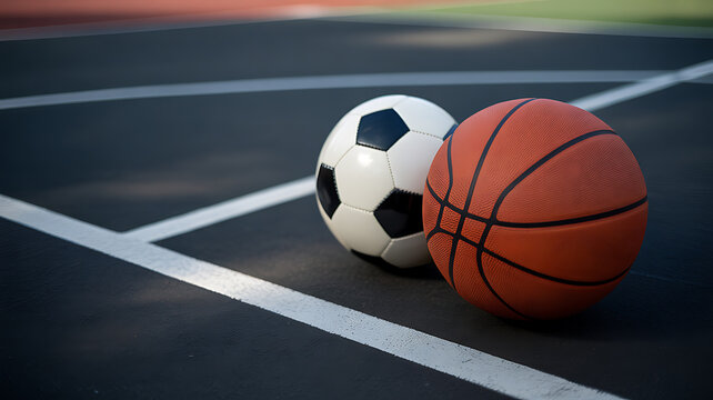 A soccer ball and basketball resting on a sports court surface