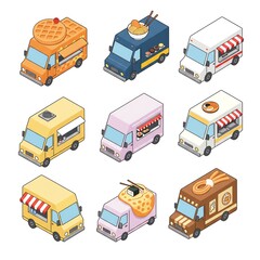 Food trucks with various cuisines isometric illustration
