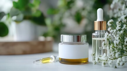 Assortment of cosmetic beauty products including a dropper bottle and jar featuring golden accents beside delicate white flowers suggesting natural skincare luxury presentation