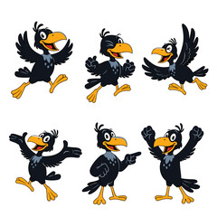 Obraz premium Six cartoon crows in different poses and expressions.