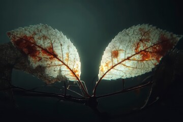 Twin leaf halves illuminated softly with delicate veins and autumn colors glowing against dark background, creating serene and natural atmosphere