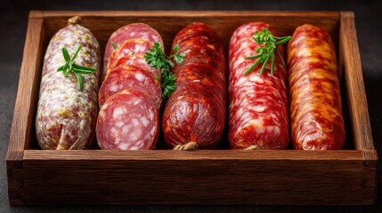 A wooden tray holds several types of sausages. Each sausage has a different color and texture. Fresh herbs are placed between them. This setup is common in markets or food gatherings.