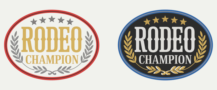 Rodeo Champion cowboy label belt buckle designed in old west cowboy style, with oval emblem vector artwork for western themes, apparel decoration, and classic branding projects