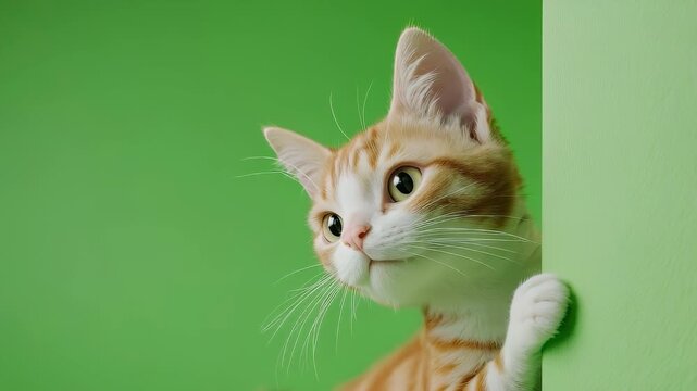 Orange Cat Peeking Around Green Corner.