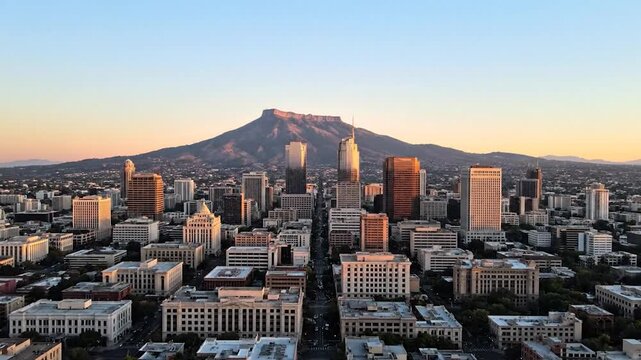 City skyline at dawn with a majestic mountain backdrop
