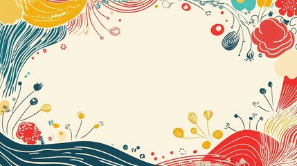 Vibrant abstract border frame featuring bold organic shapes and dynamic patterns in bright contrasting colors surrounding a clean central copy space for modern graphic design projects