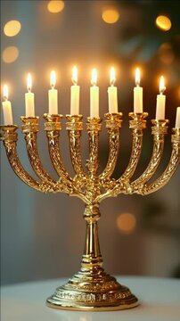 A golden Hanukkah menorah with nine lit white candles against a blurred background.
