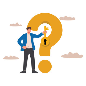Smart businessman holding golden key vector illustration to unlock answers for problems questions solution reason wisdom understanding or decision making