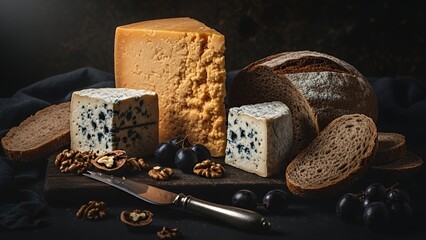 Assorted artisanal cheeses and breads displayed on a rustic wooden board with a knife amidst scattered pretzels and olives against a dark background
