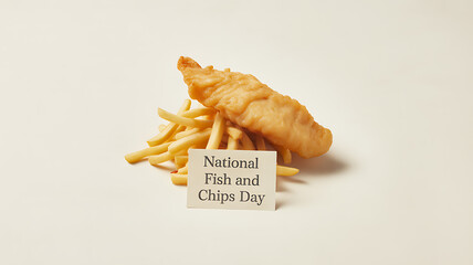 A serving of fish and chips with a sign reading 'National Fish and Chips Day' on a plain background