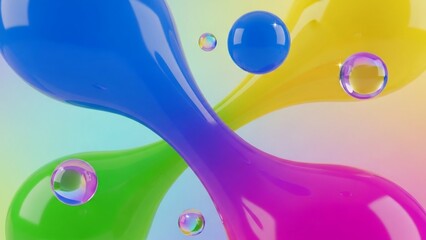 Vibrant abstract composition with intertwining colorful liquid shapes and floating clear bubbles creating a dynamic and glossy visual.