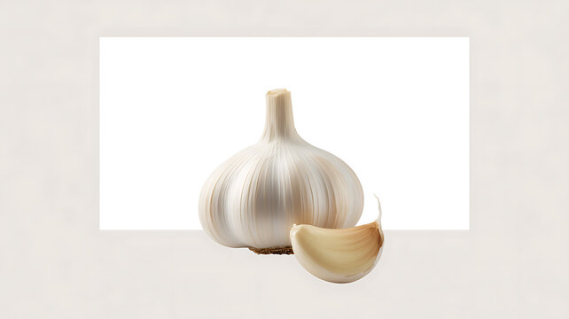 A whole garlic bulb and a single clove on a neutral background