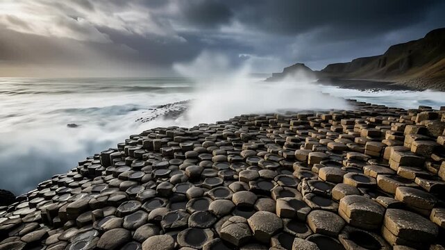 Hexagonal basalt columns meet powerful ocean waves under a dramatic, cloudy sky