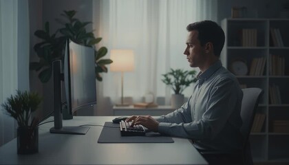 Man working at desk in home office - Powered by Adobe