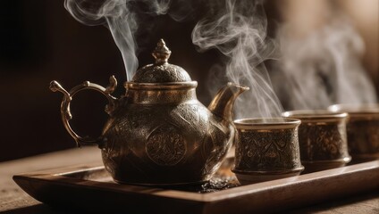Steaming Hot Tea Ceremony in Traditional Oriental Setting.