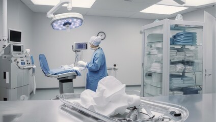 Surgeon in a modern operating room preparing for a medical procedure.