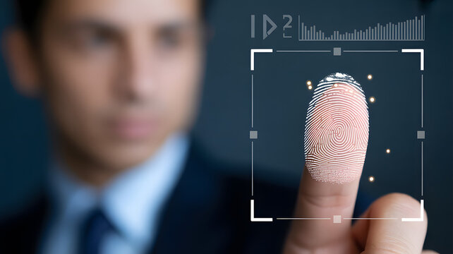 A professional man scans his finger using a sophisticated digital biometric security system for identity verification on a modern glowing interface - Powered by Adobe