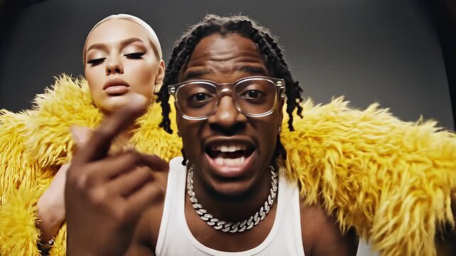 Cinematic Music Video Shot: Rapper and Blonde Model Posing with Wide Angle Lens
