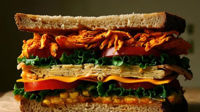 Colorful, layered sub sandwich with a variety of meat and vegetable options, served on toasted bread with condiments.