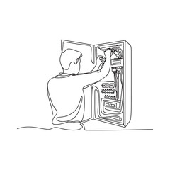 Continuous line drawing of an electrician working on an electrical panel