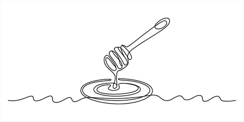 Honey dipper with dripping honey on a plate in a minimalist line art style Vector, illustration