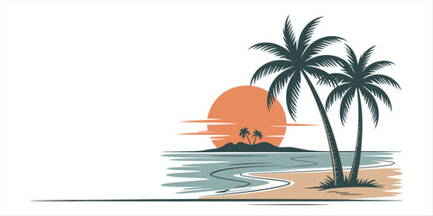 Tropical island paradise with palm trees and a vibrant sunset over the ocean Vector, illustration © Creative_Oneline