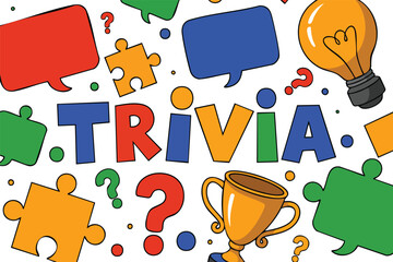 Trivia word with speech bubbles puzzles question marks lightbulb and award icons perfect for quiz night posters brain game apps fun facts and challenge themed visuals