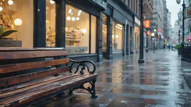 Bench on a rain-soaked city street with wet pavement and reflections of streetlights.