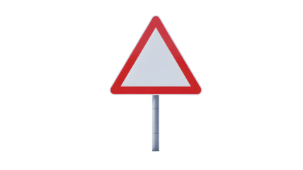 A clear blank warning sign with a bright red border and white triangle shape mounted on a metallic grey pole isolated against a pure black studio back