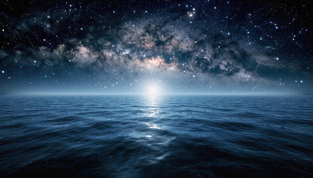 星降る夜の銀河と静かな海：Milky Way Over a Calm Ocean
