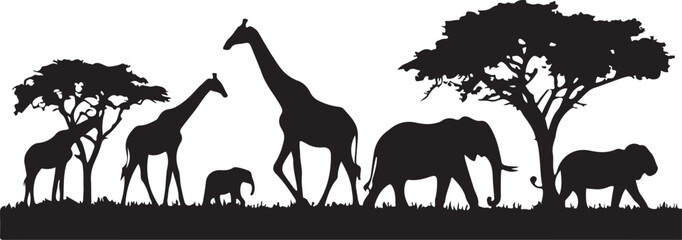 Black silhouette of african safari animals and savanna trees © abdullaal