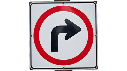 A weathered white square traffic sign showing a black right turning arrow inside a vibrant red circular border signifying no right turns outdoors unde