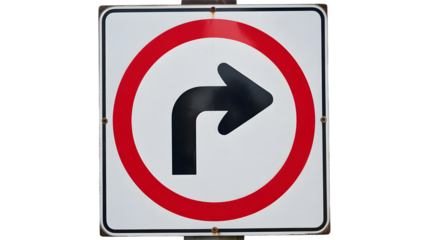 A weathered white square traffic sign showing a black right turning arrow inside a vibrant red circular border signifying no right turns outdoors unde