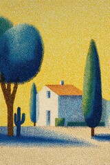 Pointillism Illustration of a House and Trees in a Landscape
