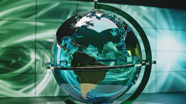 A metallic globe with swirling blue and green patterns, set against a luminous background