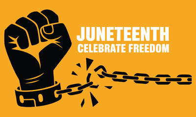 Vector illustration for Juneteenth black hand raised in fist with handcuffs icon June 19 celebration poster historical important day and awareness themes